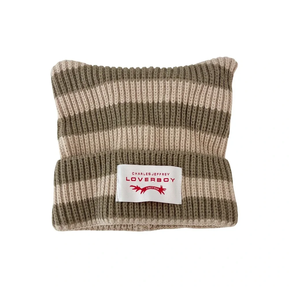 Charles Jeffrey Loverboy Striped Chunky Ears Beanie Hat Tan‎ Unisex Punk